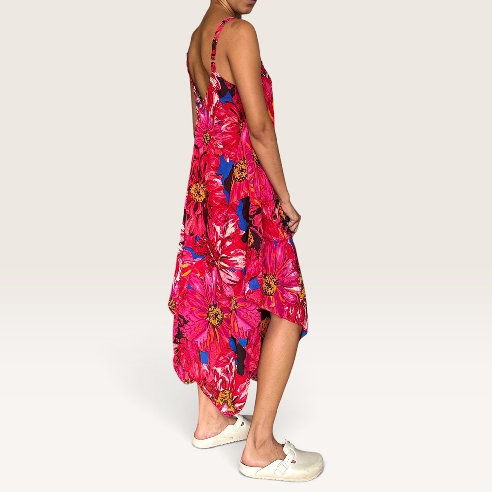 Mlle Gabrielle Pink Floral Handkerchief Hem Midi Dress Small V-Neck Boho - Picture 4 of 8